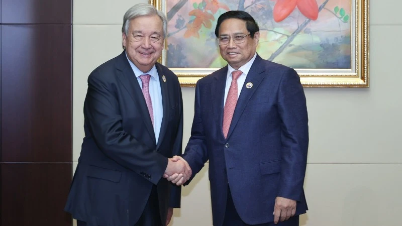 Thủ tướng Chính phủ Phạm Minh Chính và Tổng Thư ký Liên hợp quốc António Guterres. (Ảnh: Nhật Bắc/VGP)