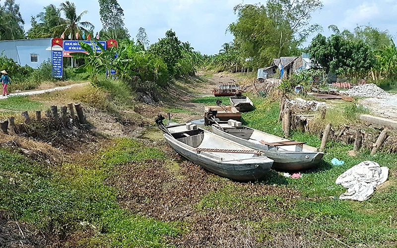 Kênh, rạch vùng ngọt huyện Trần Văn Thời (tỉnh Cà Mau) cạn khô vì nắng hạn.