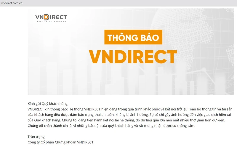 Website của VNDirect thông báo hệ thống hiện đang trong quá trình khắc phục và kết nối trở lại. 