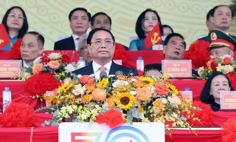 Thủ tướng Chính phủ Phạm Minh Chính trình bày Diễn văn tại Lễ kỷ niệm. (Ảnh: TTXVN)