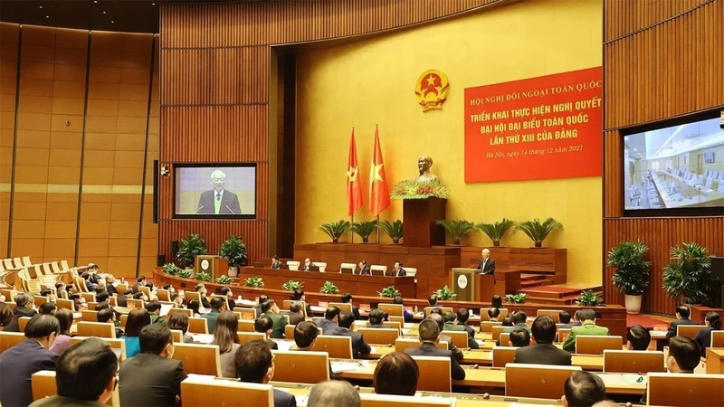 Tổng Bí thư Nguyễn Phú Trọng phát biểu chỉ đạo tại Hội nghị Đối ngoại toàn quốc, ngày 14/12/2021. (Ảnh: TTXVN)