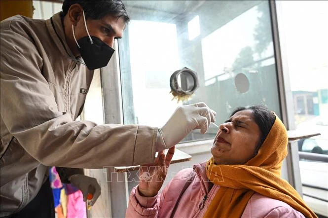 Nhân viên y tế lấy mẫu xét nghiệm Covid-19 tại bệnh viện ở Amritsar, Ấn Độ. (Ảnh: AFP/TTXVN)