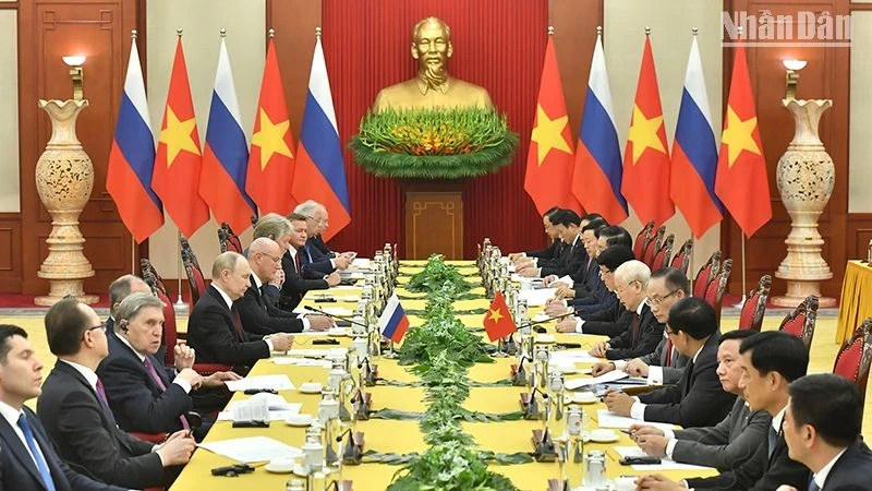Tổng Bí thư Nguyễn Phú Trọng và Tổng thống Liên bang Nga Vladimir Putin hội đàm ngày 20/6/2024. (Ảnh: ĐĂNG KHOA)