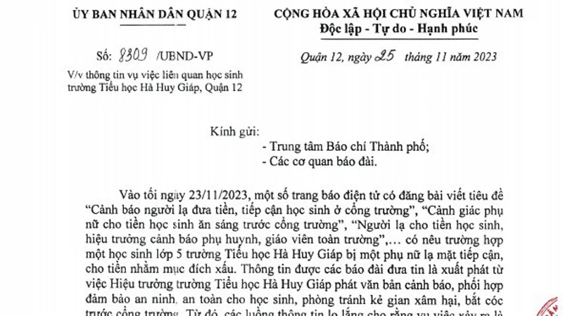 Văn bản của Ủy ban nhân dân quận 12, Thành phố Hồ Chí Minh.