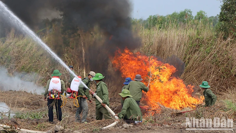 Lực lượng chức năng triển khai phương án chữa cháy rừng.
