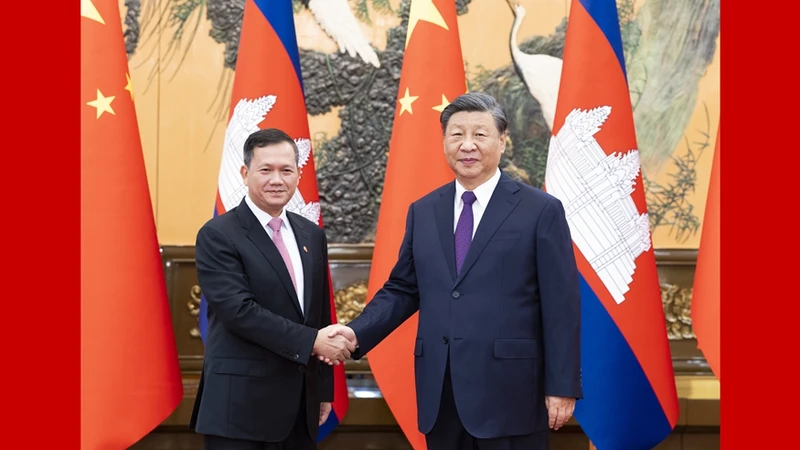 Chủ tịch Trung Quốc Tập Cận Bình tiếp Thủ tướng Campuchia Hun Manet. (Ảnh: Tân Hoa Xã)