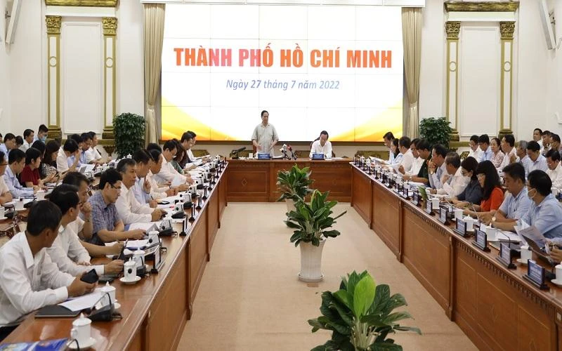 Thủ tướng Phạm Minh Chính phát biểu tại buổi làm việc với Thành phố Hồ Chí Minh. (Ảnh: Trung tâm báo chí Thành phố Hồ Chí Minh) 