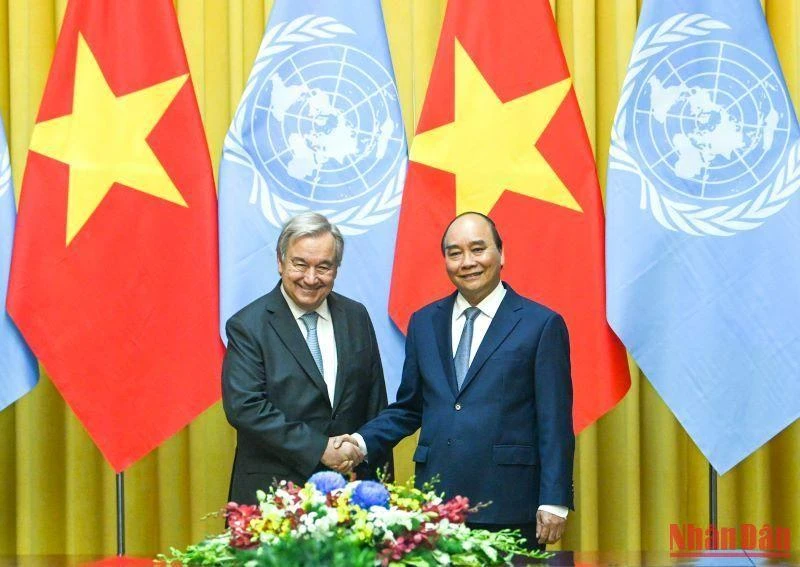 Chủ tịch nước Nguyễn Xuân Phúc và Tổng Thư ký Liên hợp quốc Antonio Guterres tại buổi hội đàm. 