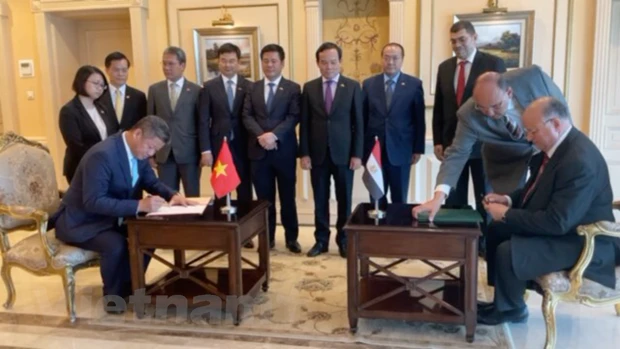 Phó Thủ tướng Trần Lưu Quang chứng kiến lễ ký kết Thỏa thuận Hữu nghị và Hợp tác giữa Thủ đô Hà Nội và Cairo. (Ảnh: Nguyễn Trường/Vietnam+)