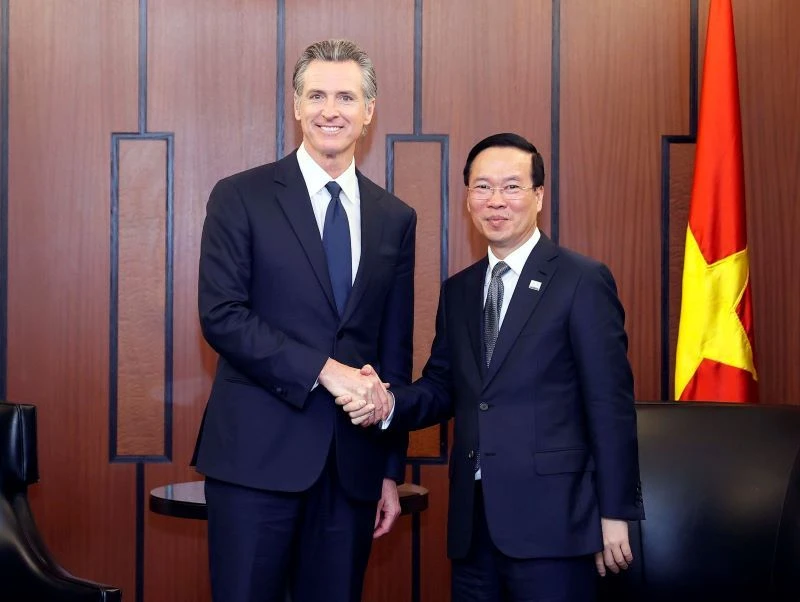 Chủ tịch nước Võ Văn Thưởng tiếp ông Gavin Newsom, Thống đốc bang California, Hoa Kỳ. (Ảnh: Thống Nhất/TTXVN)