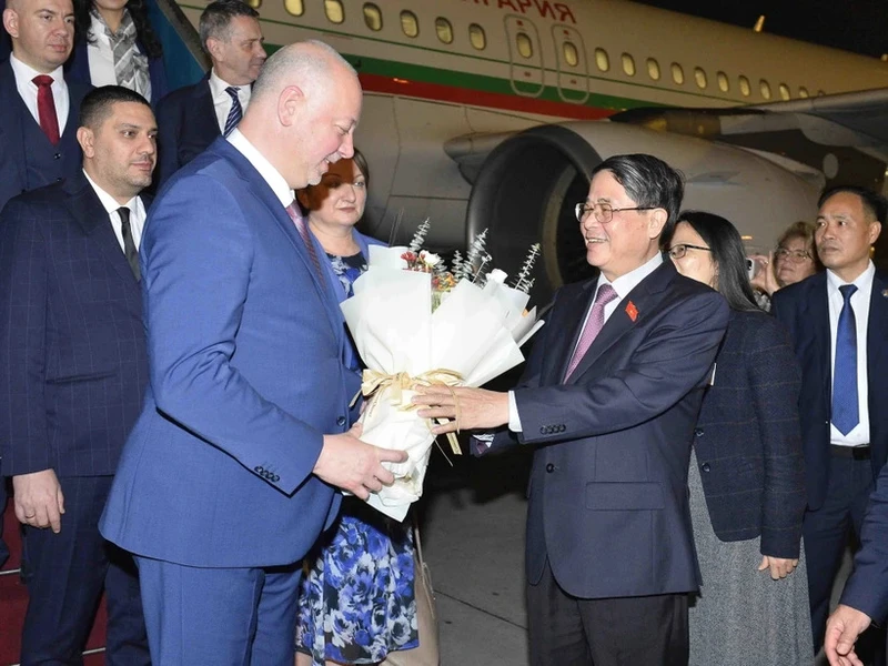 Phó Chủ tịch Quốc hội Nguyễn Đức Hải tặng hoa Chủ tịch Quốc hội nước Cộng hòa Bulgaria Rossen Dimitrov Jeliazkov tại sân bay Nội Bài, Hà Nội. (Ảnh: TTXVN)