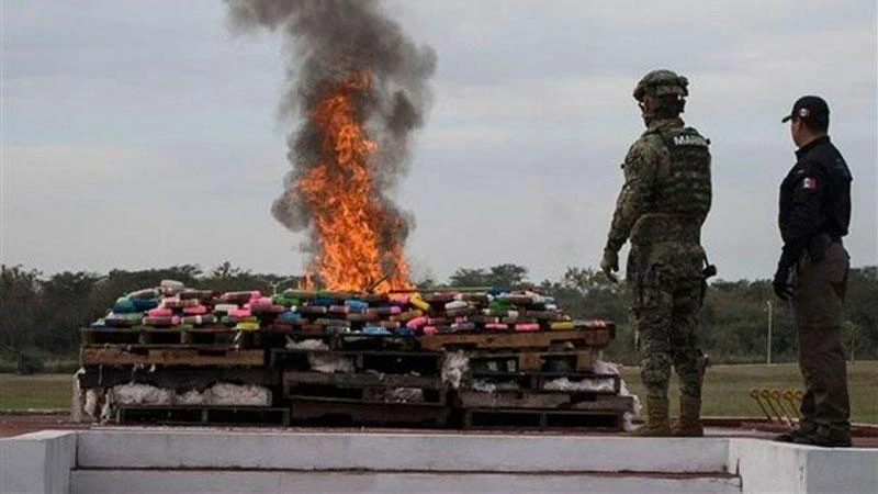 Binh sĩ Mexico thiêu hủy số ma túy thu giữ tại Veracruz (Mexico), ngày 16/1/2018. (Ảnh: AFP/TTXVN)