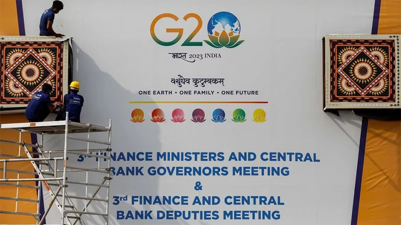 Công tác chuẩn bị cho Hội nghị Bộ trưởng Tài chính và Thống đốc ngân hàng Trung ương của G20, diễn ra tại Ấn Độ, tháng 7/2023. (Ảnh: Reuters)