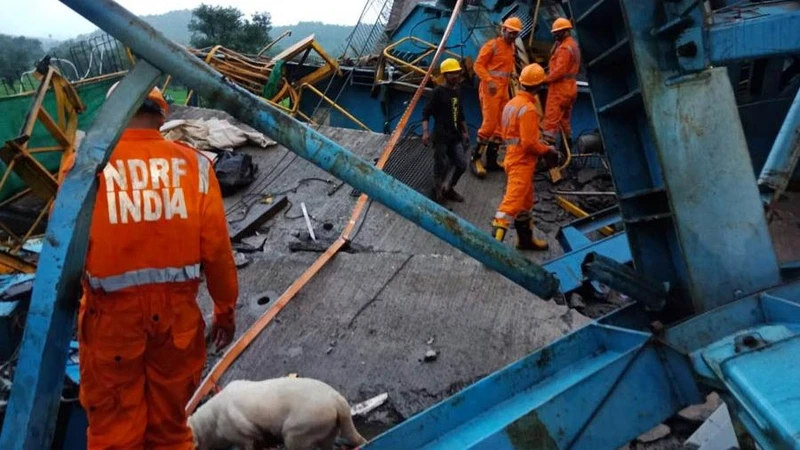 Lực lượng cứu hộ Ấn Độ tìm kiếm các nạn nhân trong vụ sập cần cầu ở bang Maharashtra. (Nguồn: PTI)