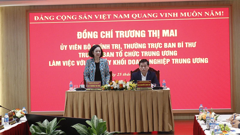 Đồng chí Trương Thị Mai phát biểu tại buổi làm việc. 