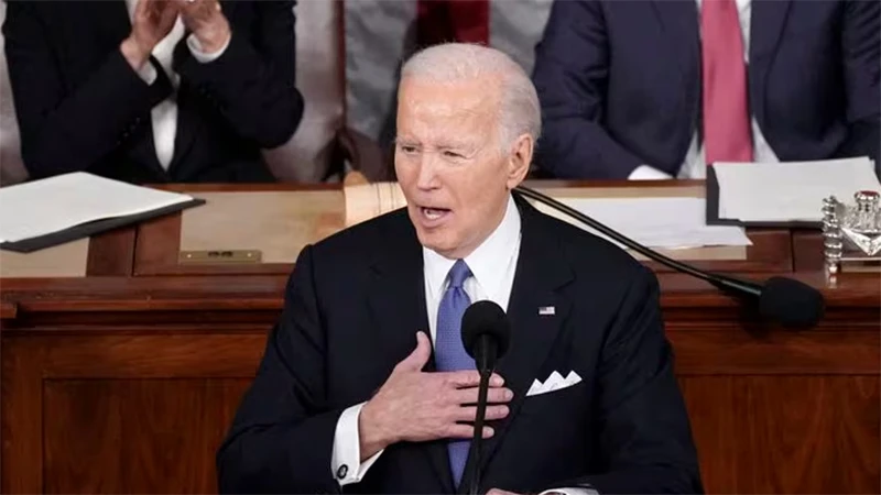Tổng thống Mỹ Joe Biden đọc Thông điệp Liên bang năm 2024. (Ảnh: Reuters)