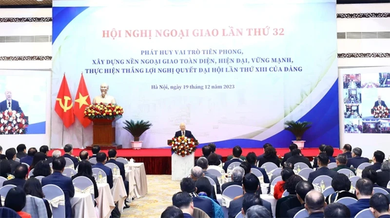 Tổng Bí thư Nguyễn Phú Trọng phát biểu chỉ đạo tại Hội nghị Ngoại giao lần thứ 32. (Ảnh: TTXVN)