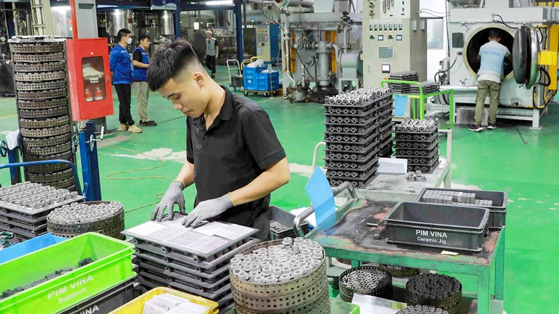 Sản xuất linh kiện ô-tô tại Công ty TNHH Pim Vina (FDI Hàn Quốc) ở Khu công nghiệp Mỹ Trung, huyện Mỹ Lộc, tỉnh Nam Ðịnh. (Ảnh TTXVN)