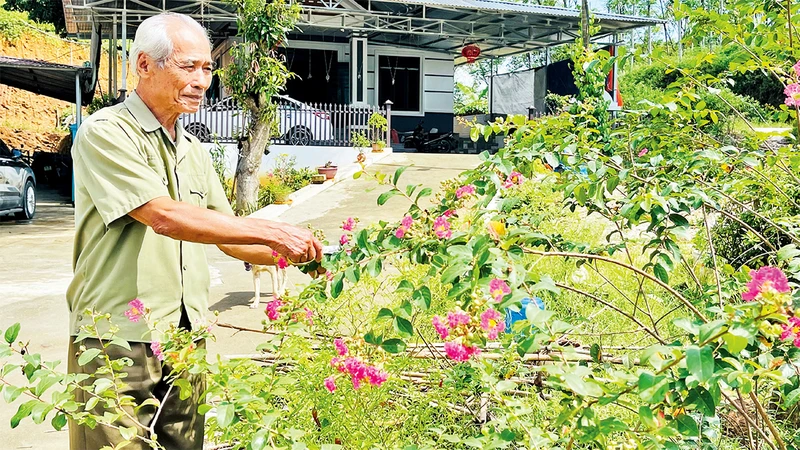 Thương binh Nguyễn Công Sáu chăm sóc vườn hoa của gia đình.