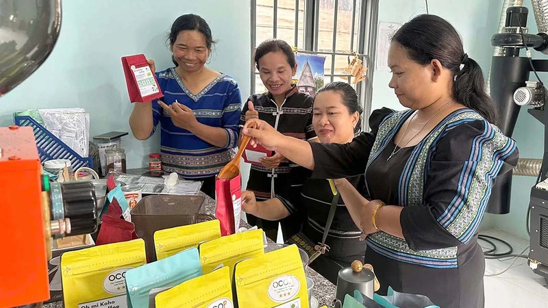 Thành viên Tổ hợp tác cà-phê hữu cơ Oh mi Koho coffee đóng gói sản phẩm.