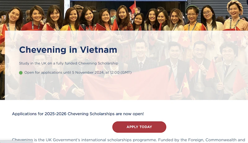 Giao diện trang đăng ký học bổng Chevening