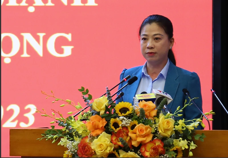 Đồng chí Lê Thị Kim Dung, Phó Bí thư thường trực Tỉnh ủy, Chủ tịch Hội đồng nhân dân tỉnh phát biểu khai mạc hội nghị.