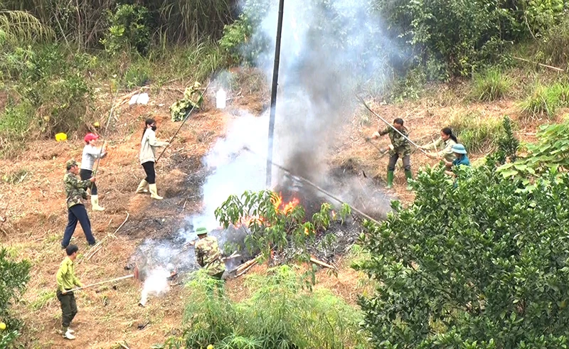Cán bộ và nhân dân xã Tân Long, huyện Yên Sơn, tỉnh Tuyên Quang diễn tập phương án chữa cháy rừng.