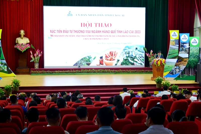 Hội thảo xúc tiến đầu tư thương mại ngành hàng quế tại Lào Cai. (Ảnh: QUỐC HỒNG)