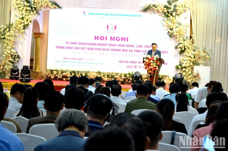 Hơn 80 doanh nghiệp Trung Quốc và 146 doanh nghiệp Việt Nam tham dự Hội nghị xúc tiến xuất-nhập khẩu nông, lâm, thủy sản tại thành phố Lào Cai chiều 10/11. (Ảnh: QUỐC HỒNG)