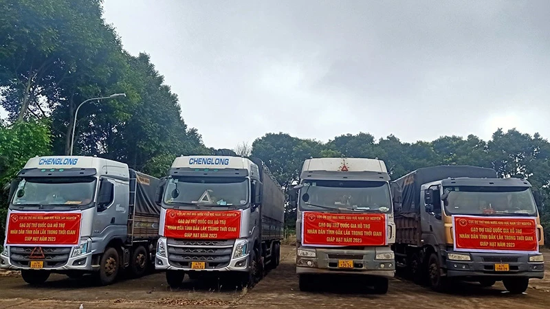 Xe gạo dự trữ quốc gia chuẩn bị được vận chuyển đến các huyện trên địa bàn tỉnh Đắk Lắk.