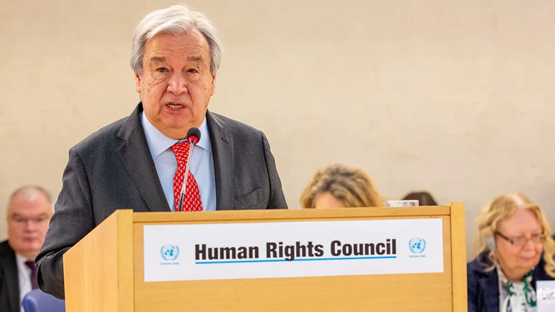 Tổng Thư ký António Guterres phát biểu tại Phiên họp thứ 55 của Hội đồng Nhân quyền Liên hợp quốc ở Geneva, Thụy Sĩ. Ảnh: un.org