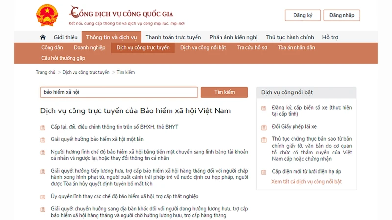 Một số dịch vụ công liên thông về bảo hiểm xã hội trên Cổng Dịch vụ công quốc gia.