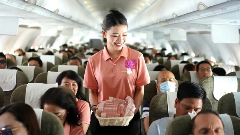 “Chuyến bay màu hồng - HeForShe” cùng thông điệp của Vietnam Airlines về sự đa dạng và bình đẳng giới. (Ảnh: VNA)