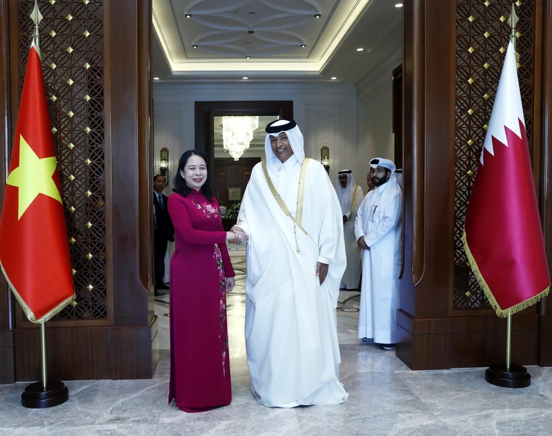 Phó Chủ tịch nước Võ Thị Ánh Xuân với Chủ tịch Quốc hội Qatar Hassan bin Abdullah Al-Ghanim. (Ảnh: TTXVN)