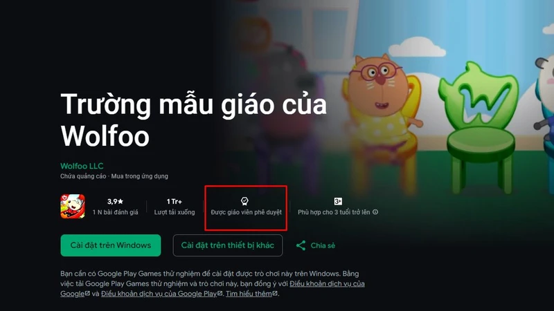 Một ứng dụng game Việt đạt chứng nhận Teacher Approved (Giáo viên phê duyệt), được các chuyên gia giáo dục và truyền thông đề xuất trên Google Play. (Ảnh chụp màn hình) 