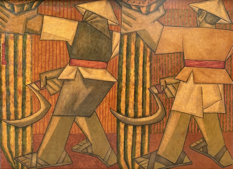 Phùng Phẩm, Hai người thợ gặt, sơn mài, 120x160cm, 2005.