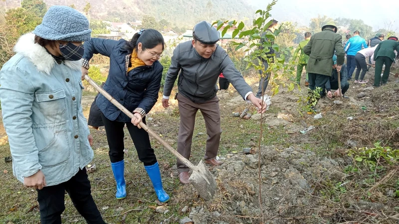 Lãnh đạo tỉnh Bắc Kạn tham gia trồng cây tại huyện Chợ Mới. (Ảnh: Lý Dũng)