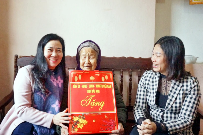 Chủ tịch Ủy ban Mặt trận Tổ quốc Việt Nam tỉnh Bắc Kạn Đỗ Thị Minh Hoa tặng quà gia đình chính sách tại huyện Bạch Thông. (Ảnh: HOÀNG VŨ).