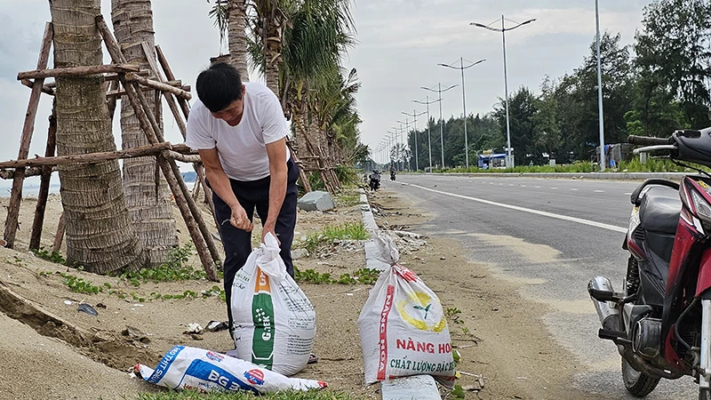 Người dân Thanh Hóa đóng cát vào bao bì, phòng chống bão số 3.