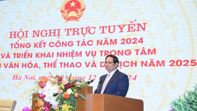 Thủ tướng Phạm Minh Chính phát biểu ý kiến chỉ đạo Hội nghị trực tuyến tổng kết và triển khai nhiệm vụ năm 2025 của ngành Văn hoá, Thể thao và Du lịch. (Ảnh: TRẦN HẢI)