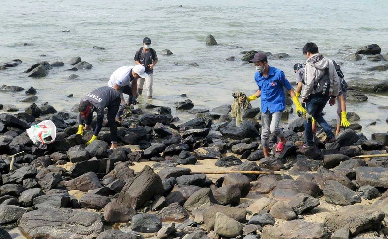Đoàn viên, thanh niên tỉnh Phú Yên dọn rác ở bờ biển Hòn Yến, Phú Yên. (Ảnh TTXVN)