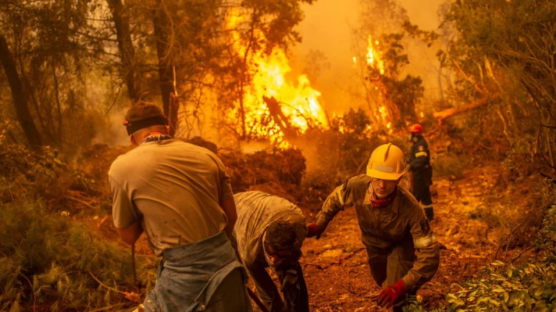 Nhân viên cứu hỏa tại Hy Lạp nỗ lực dập đám cháy rừng tại Glatsona, đảo Evia. (Ảnh Getty Images/Báo Công an nhân dân)