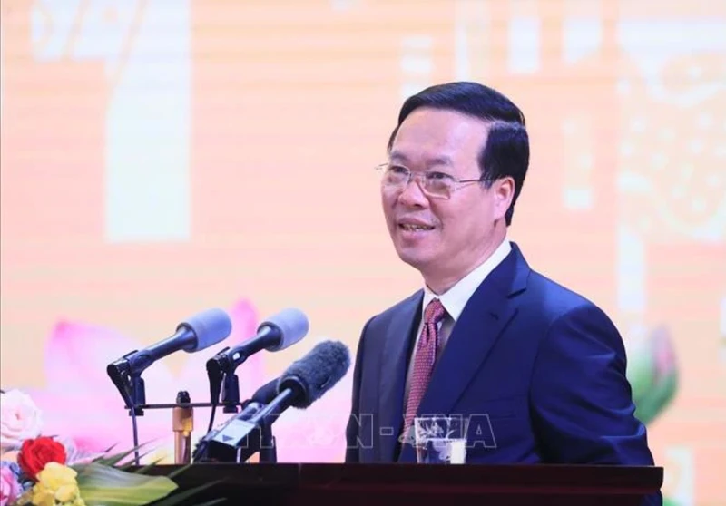 Chủ tịch nước Võ Văn Thưởng phát biểu tại Lễ kỷ niệm 65 năm Ngày Bác Hồ thăm tỉnh Lào Cai. (Ảnh: Thống Nhất/TTXVN)