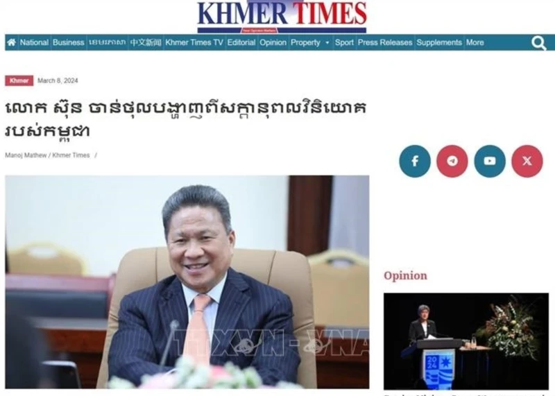 Bài viết trên trang chủ của báo “Khmer Times” với tiêu đề “Phó Thủ tướng Sun Chanthol nhấn mạnh tiềm năng đầu tư của Campuchia”. Ảnh: Báo Quân đội nhân dân