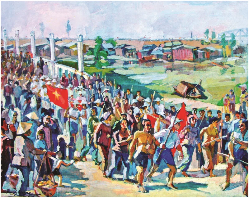 Tác phẩm “Tân An những ngày tháng Tám năm 1945” của họa sĩ Hữu Phương, vẽ theo lời kể của họa sĩ Huỳnh Văn Gấm. 