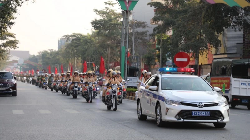 Công an tỉnh Thái Bình ra quân bảo đảm an ninh trật tự Tết Nguyên đán Ất Tỵ. (Ảnh: Công an cung cấp)