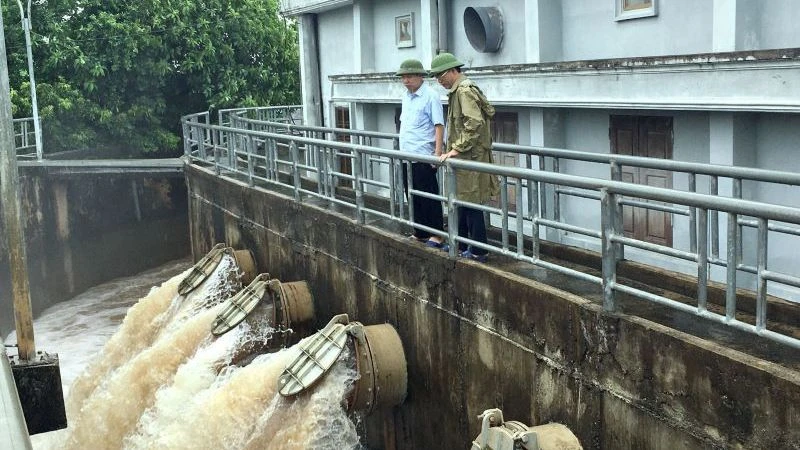 Xí nghiệp khai thác công trình thủy lợi huyện Quỳnh Phụ, tỉnh Thái Bình chủ động tiêu nước phòng chống ngập, úng. (Ảnh: Mạnh Tường)