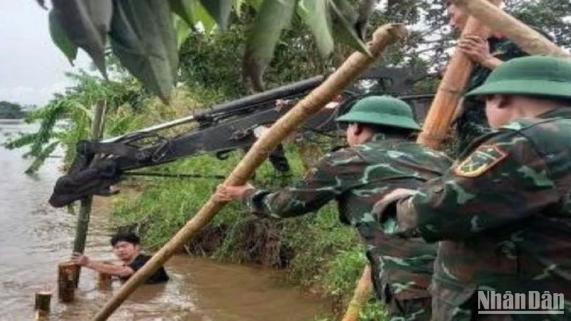 Lực lượng vũ trang tỉnh Thái Bình xử lý sự cố tại đê bao sông Hóa, địa phận xã An Thanh, huyện Quỳnh Phụ.