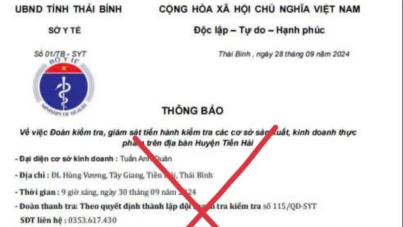 Nội dung công văn giả mạo Sở Y tế tỉnh Thái Bình được gửi đến cơ sở kinh doanh thực phẩm trên địa bàn huyện Tiền Hải (tỉnh Thái Bình).