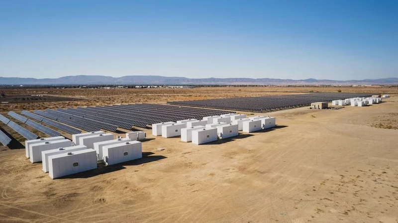 Quang cảnh cơ sở lưu trữ và năng lượng mặt trời SEPV Sierra thuộc sở hữu của công ty Giải pháp lưu trữ B2U, ở Lancaster, California, Mỹ. Ảnh: Reuters.